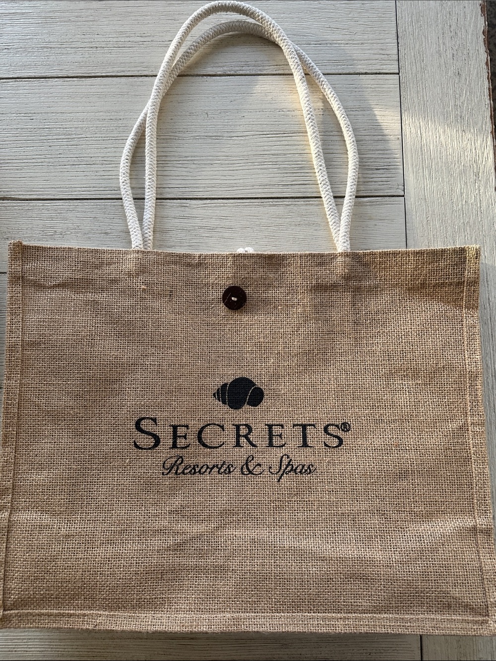 Secrets Resort Natural Jute Beach Pool  Tote Bag with White Rope Handles